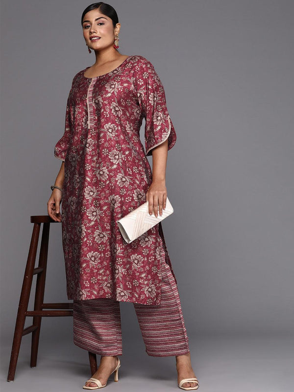 Maroon Printed Silk Blend Straight Kurta With Trousers & Dupatta - Jashvi