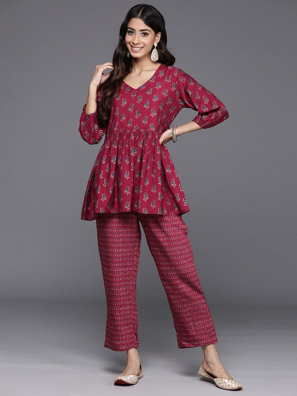 Maroon Printed Silk Blend Top With Trousers - Jashvi