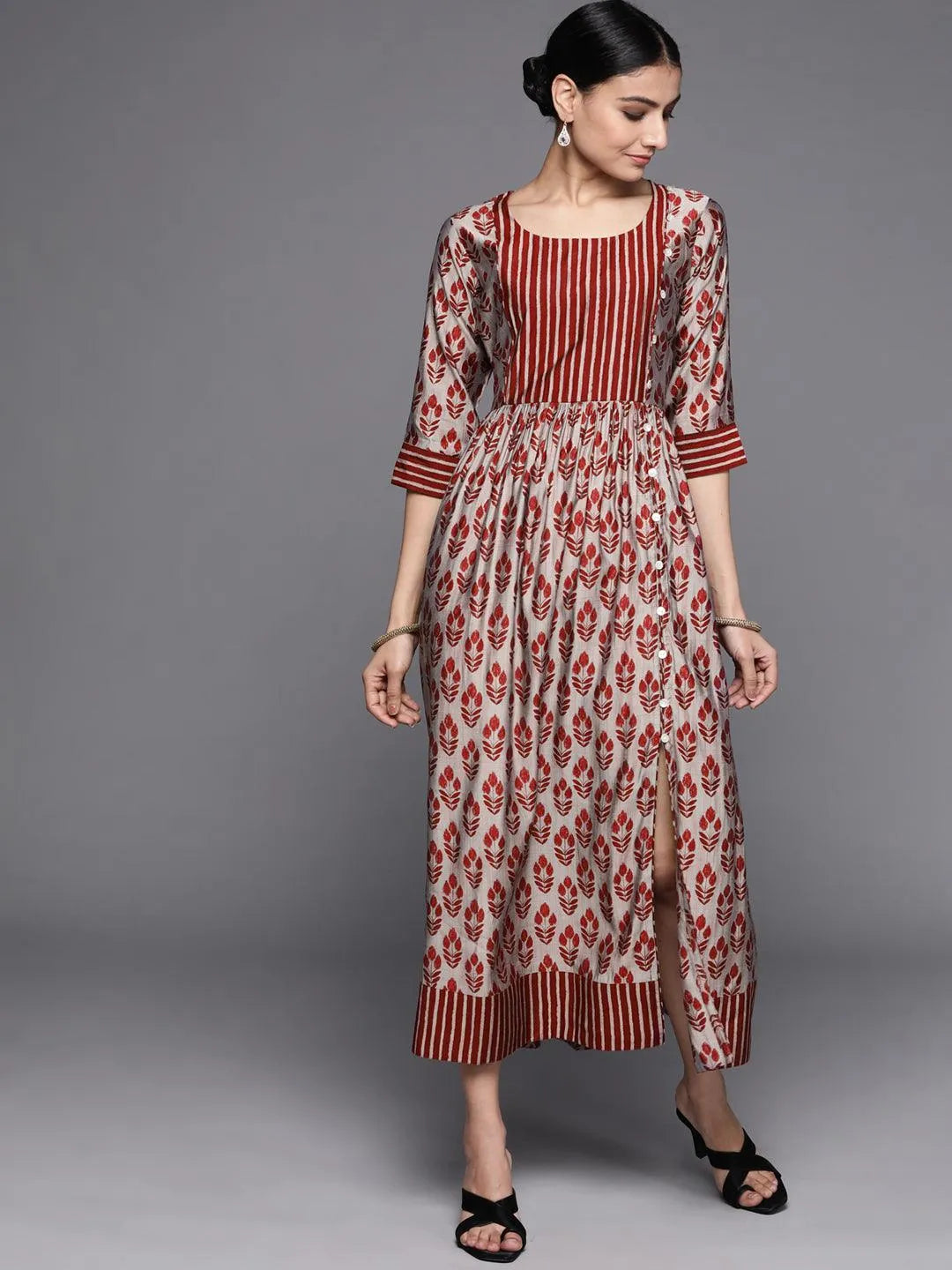 Maroon Printed Silk Dress - Jashvi