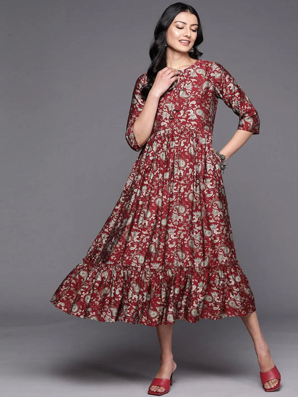 Maroon Printed Silk Fit and Flare Dress - Jashvi