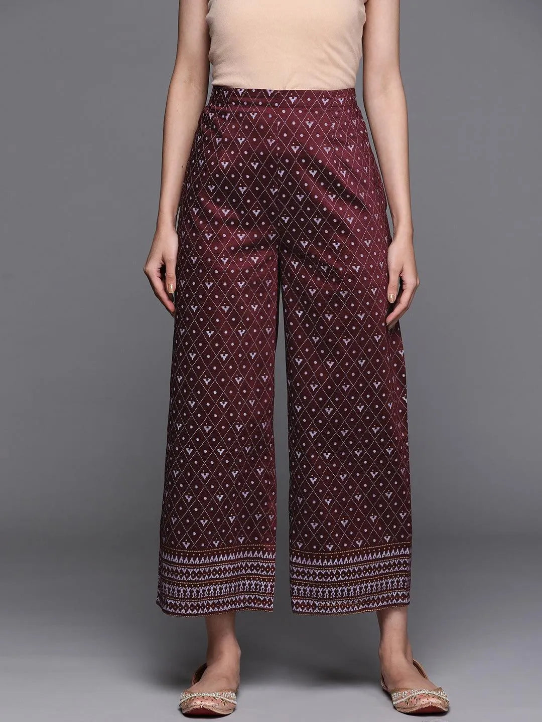 Maroon Printed Silk Palazzos - Jashvi