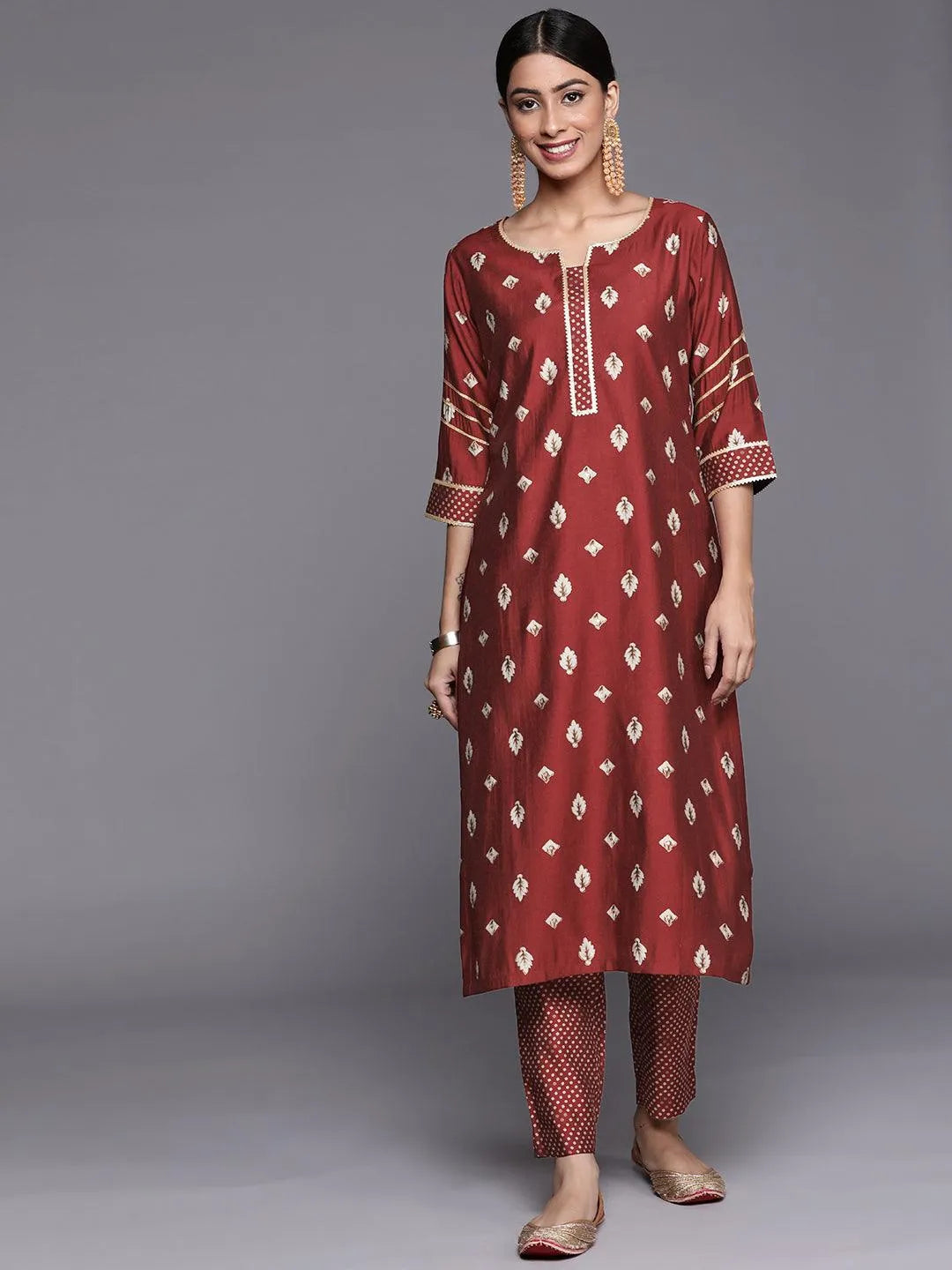 Maroon Printed Silk Straight Kurta - Jashvi