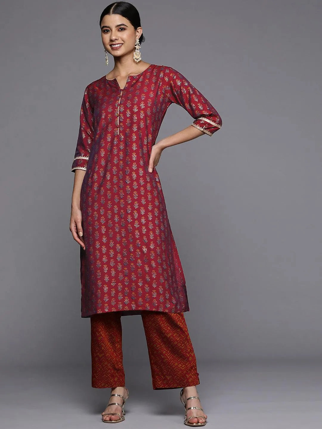 Maroon Printed Silk Straight Kurta - Jashvi