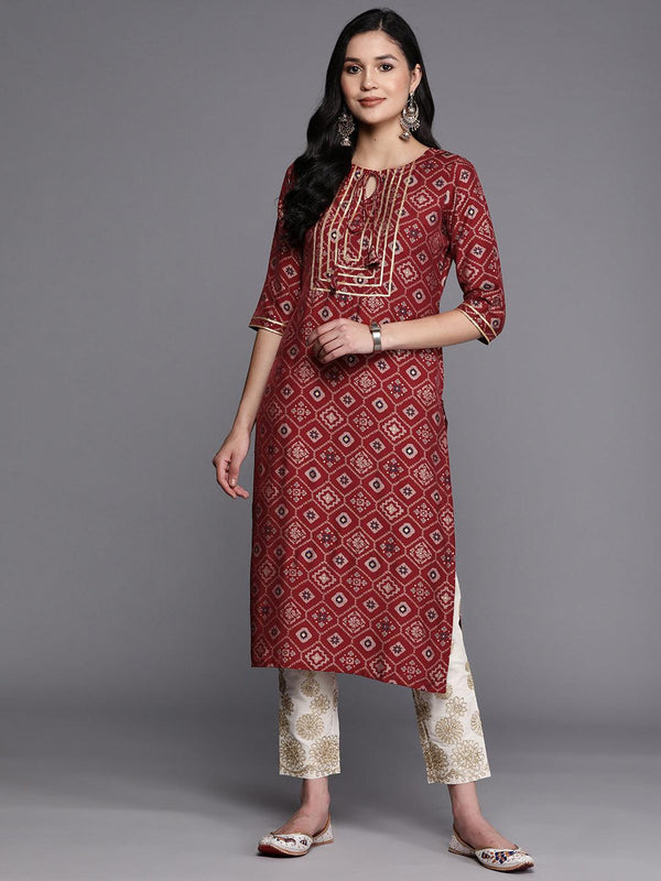 Maroon Printed Silk Straight Kurta - Jashvi