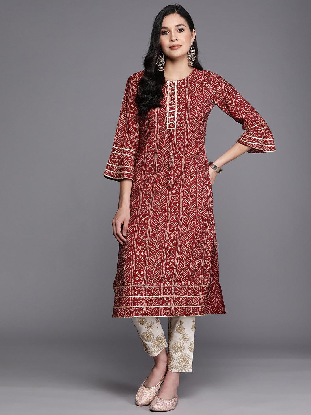 Maroon Printed Silk Straight Kurta - Jashvi