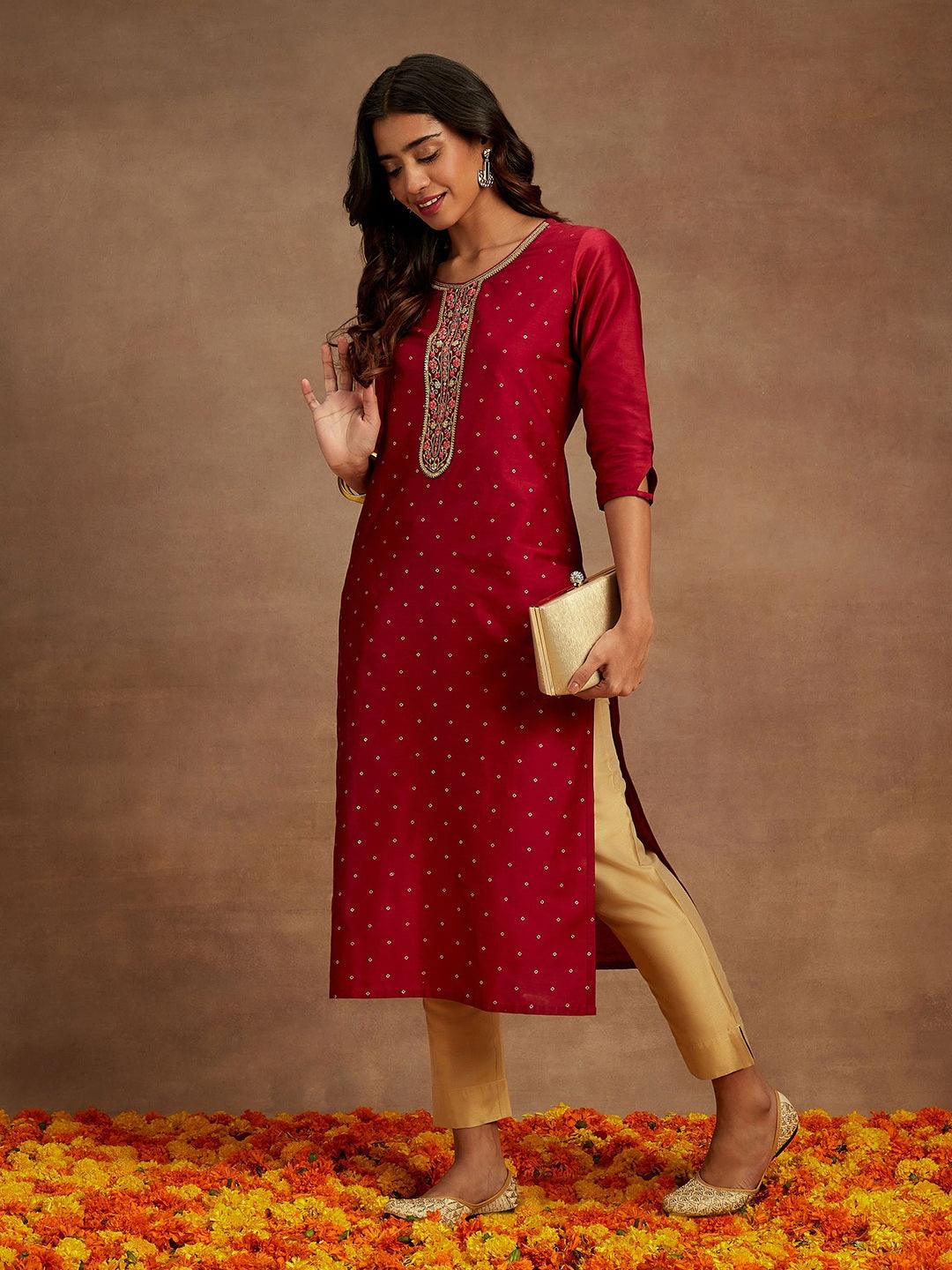 Maroon Printed Silk Straight Kurta - Jashvi