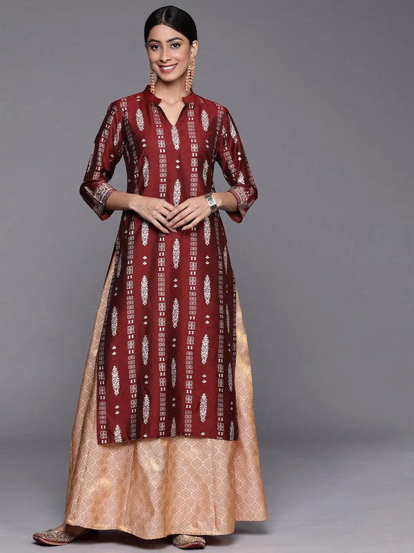 Maroon Printed Silk Straight Kurta - Jashvi