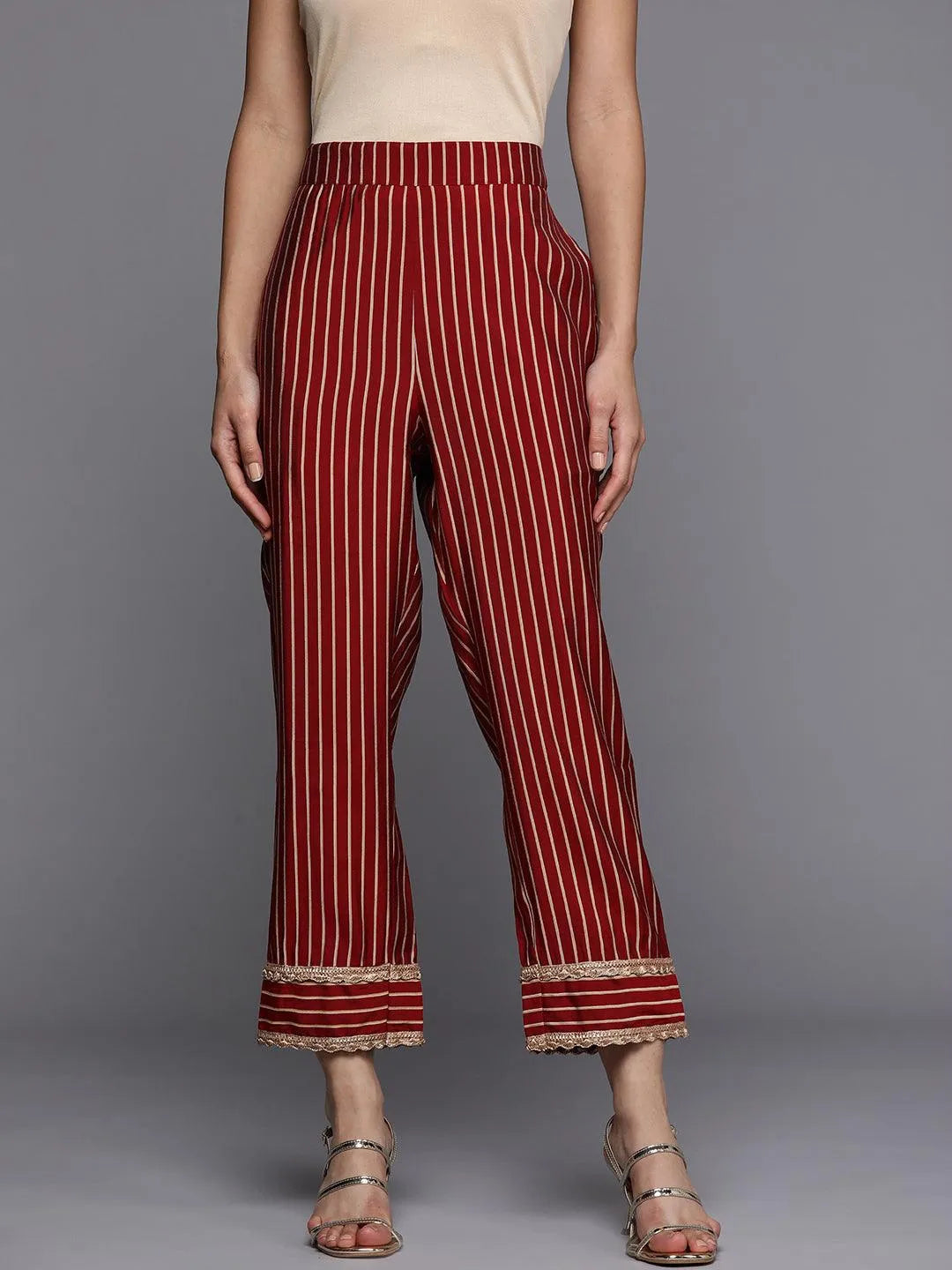 Maroon Printed Silk Trousers - Jashvi