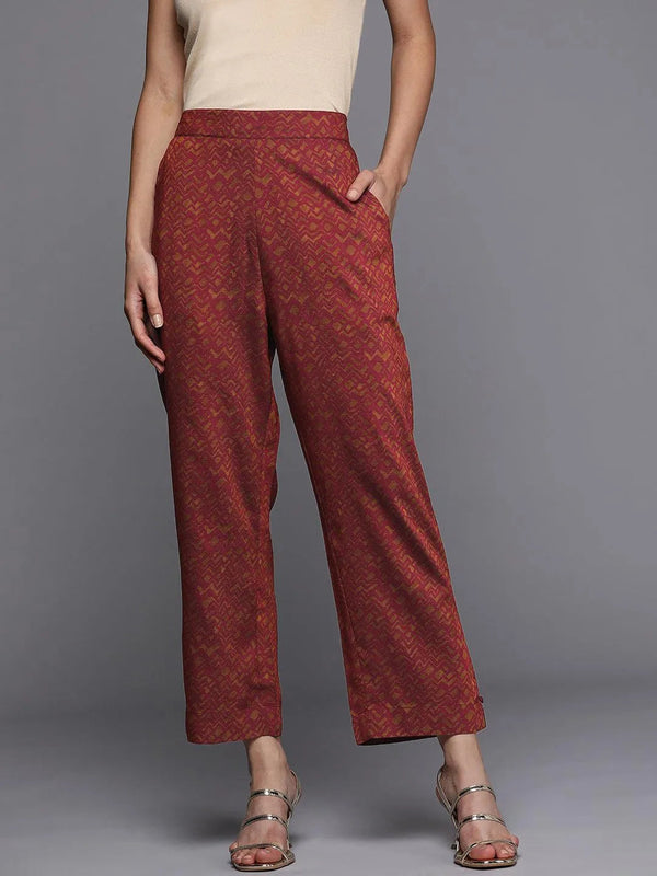 Maroon Printed Silk Trousers - Jashvi