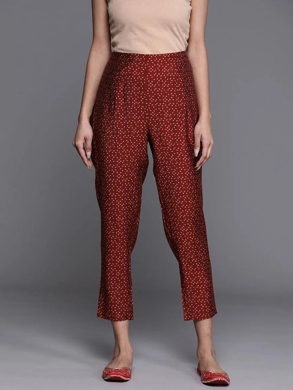 Maroon Printed Silk Trousers - Jashvi