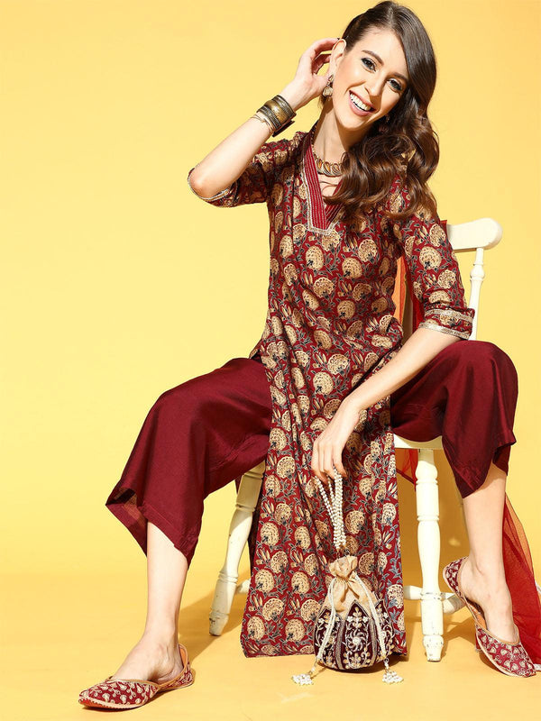 Women's Maroon Printed Straight Kurta Palazzo With Dupatta Set - Odette