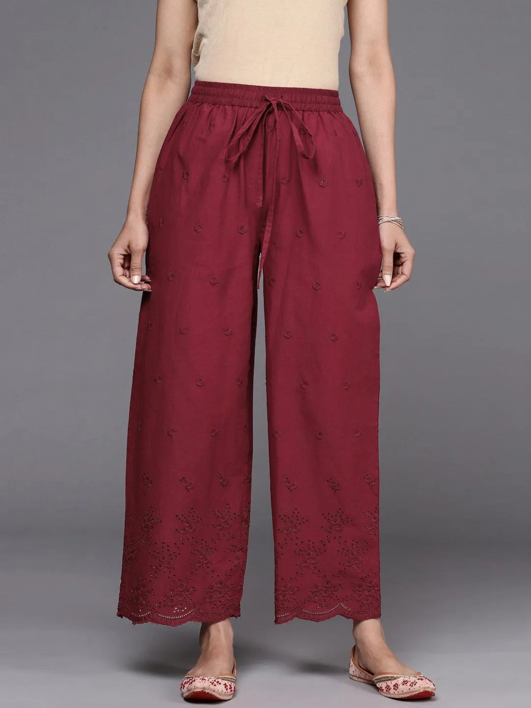 Maroon Self Design Cotton Palazzos - Jashvi