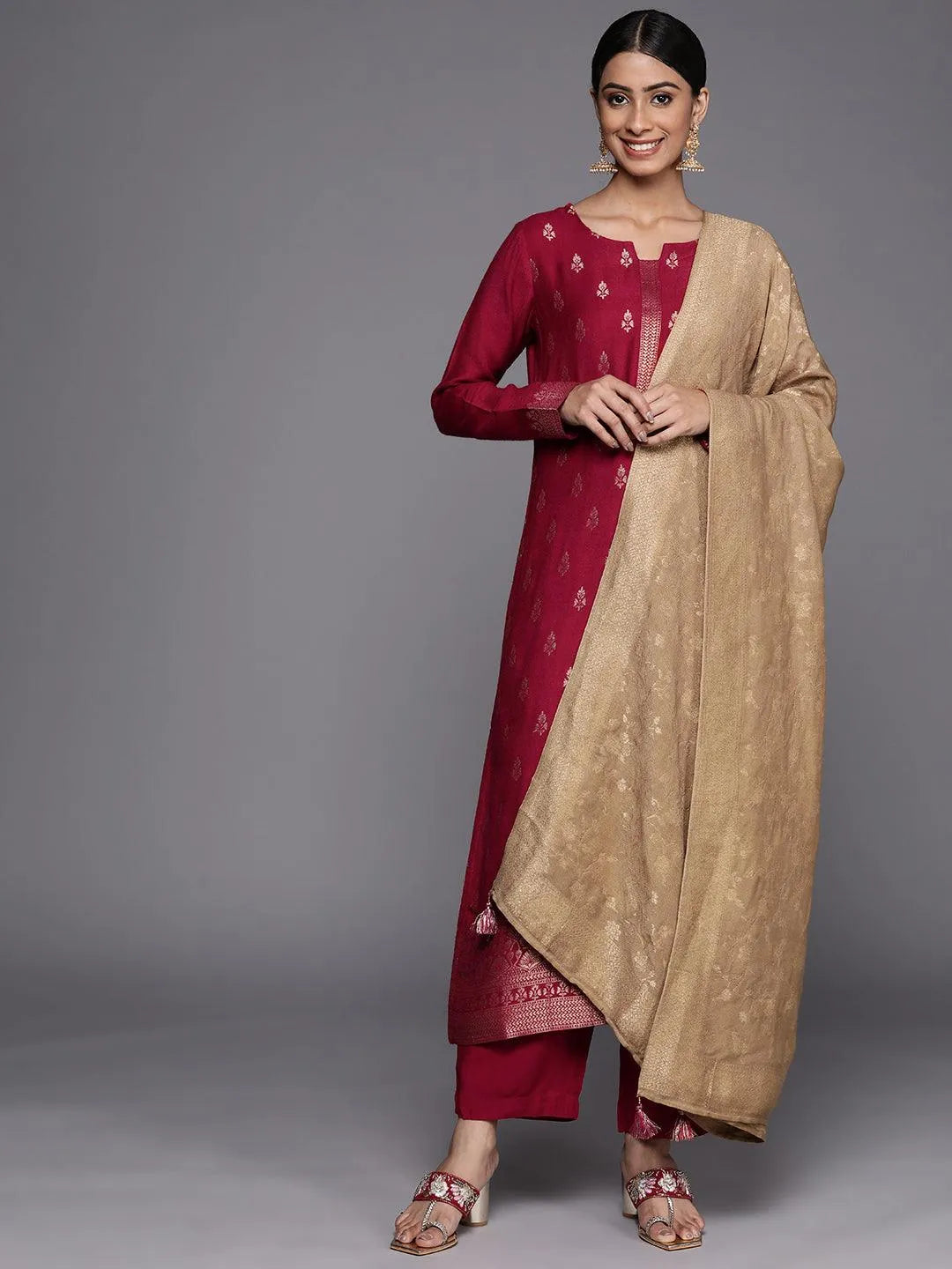 Maroon Self Design Pashmina Wool Straight Suit Set - Jashvi