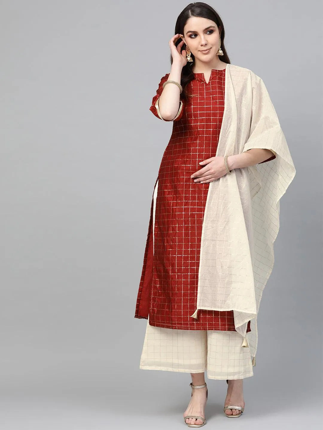 Maroon Self Design Polyester Suit Set - Jashvi