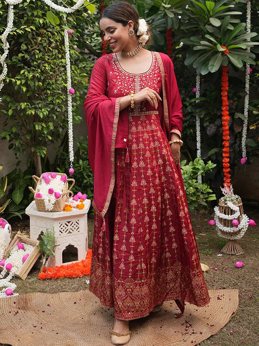 Maroon Self Design Silk Anarkali Suit Set - Jashvi