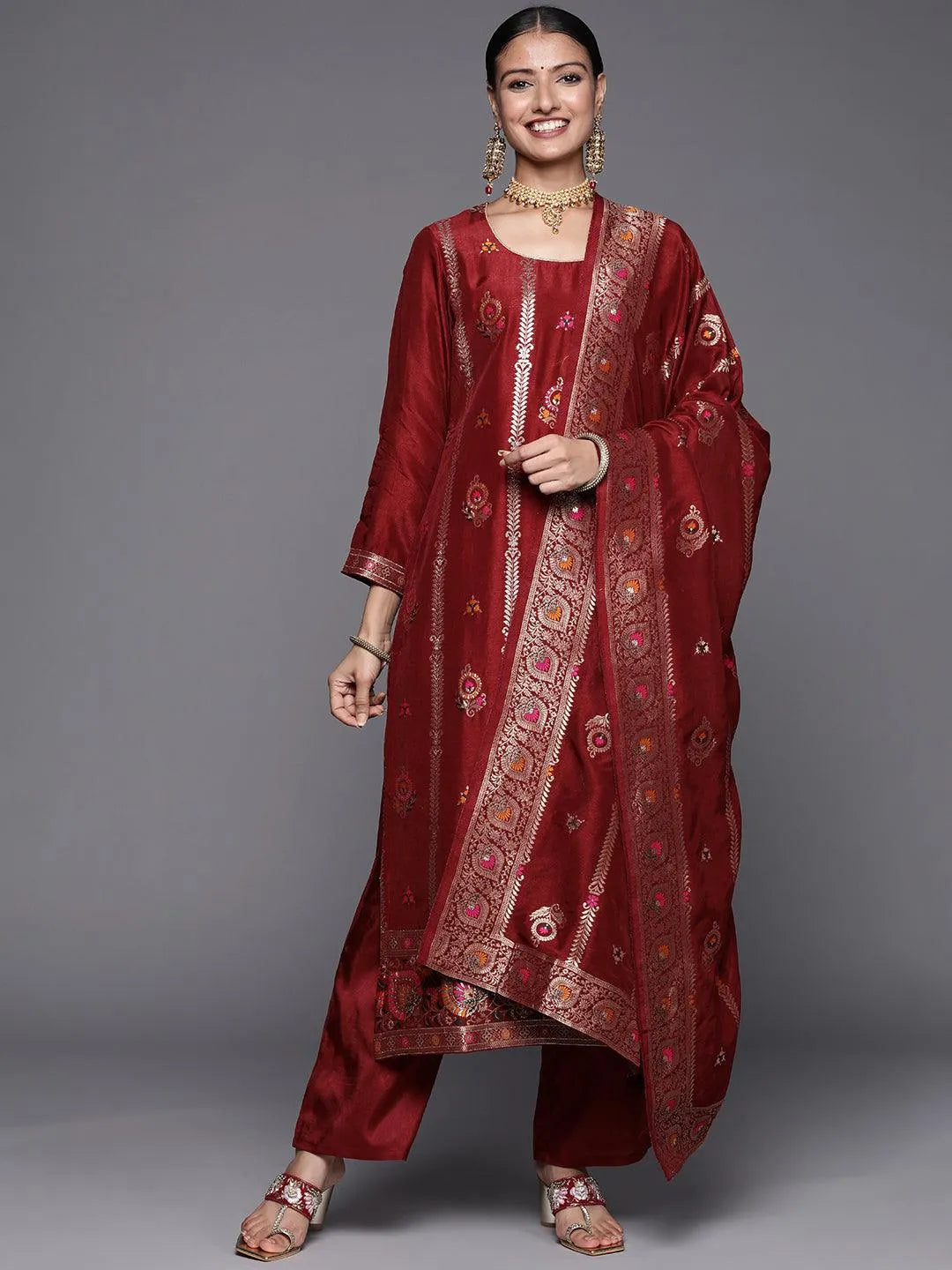 Maroon Self Design Silk Blend Straight Suit Set - Jashvi