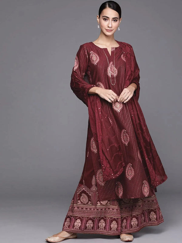 Maroon Self Design Silk Blend Suit Set - Jashvi