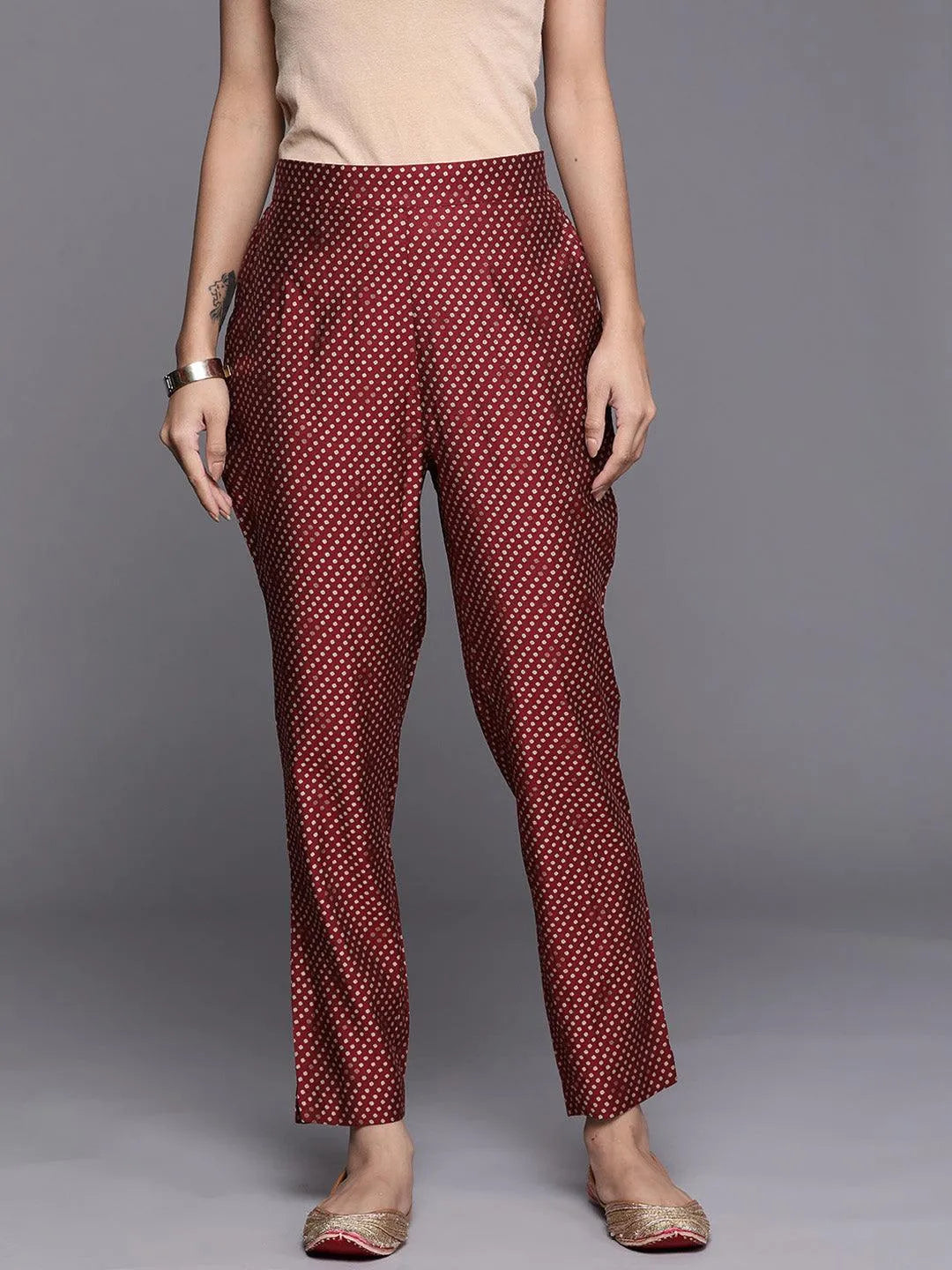 Maroon Self Design Silk Trousers - Jashvi