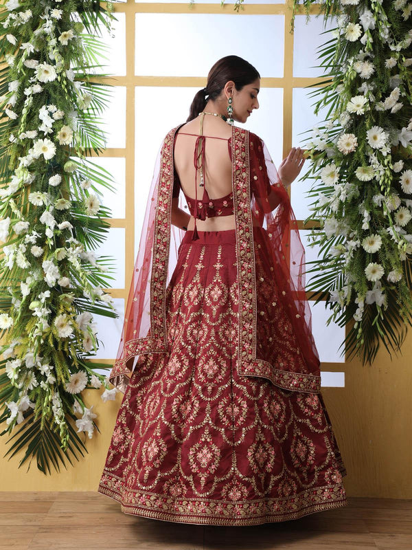 Women's Maroon Sequins Art Sillk Lehenga Set - Odette