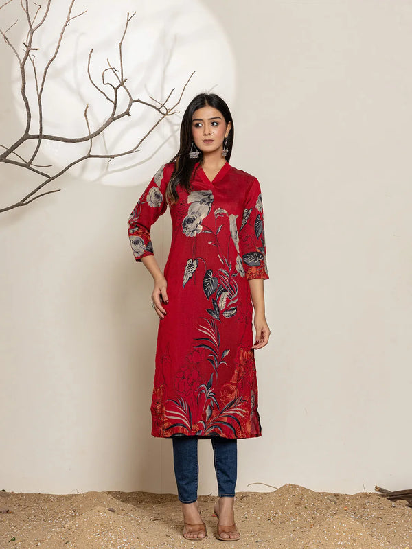 Maroon Silk Blend Digital Floral Print Kurta-Indiakreations-JS6999KURMRS