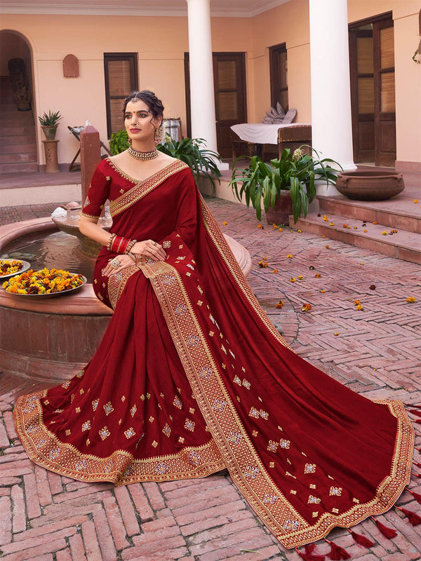 Women's Maroon Silk Blend Saree - Odette