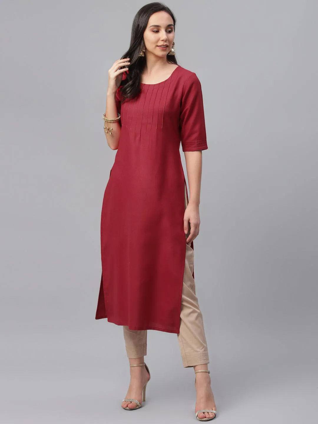 Maroon Solid Cotton Kurta - Jashvi