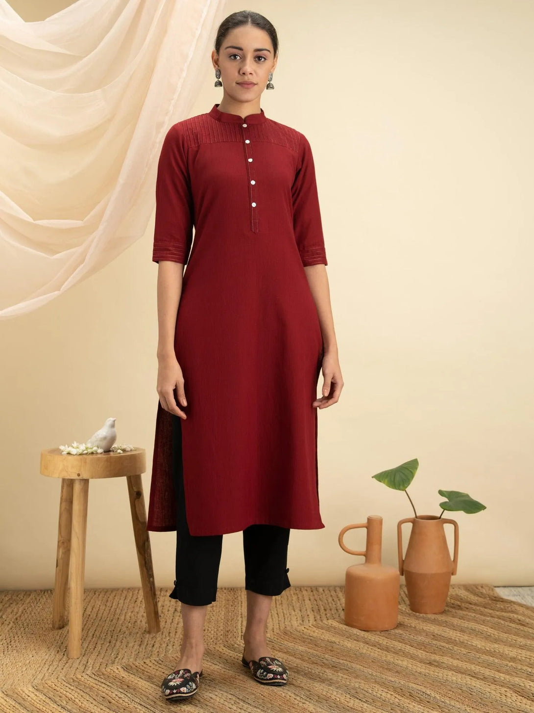 Maroon Solid Cotton Kurta - Jashvi