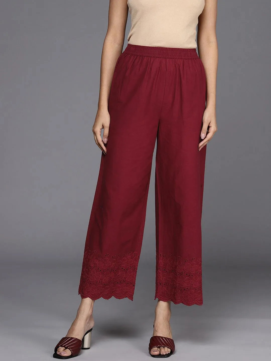 Maroon Solid Cotton Palazzos - Jashvi