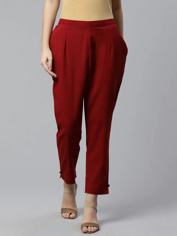 Maroon Solid Cotton Trousers - Jashvi