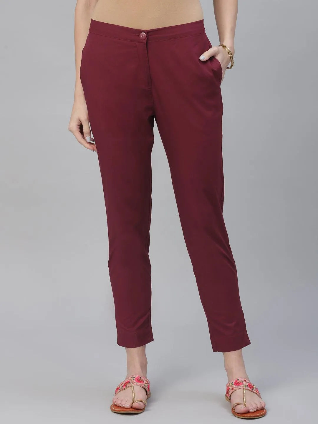 Maroon Solid Cotton Trousers - Jashvi