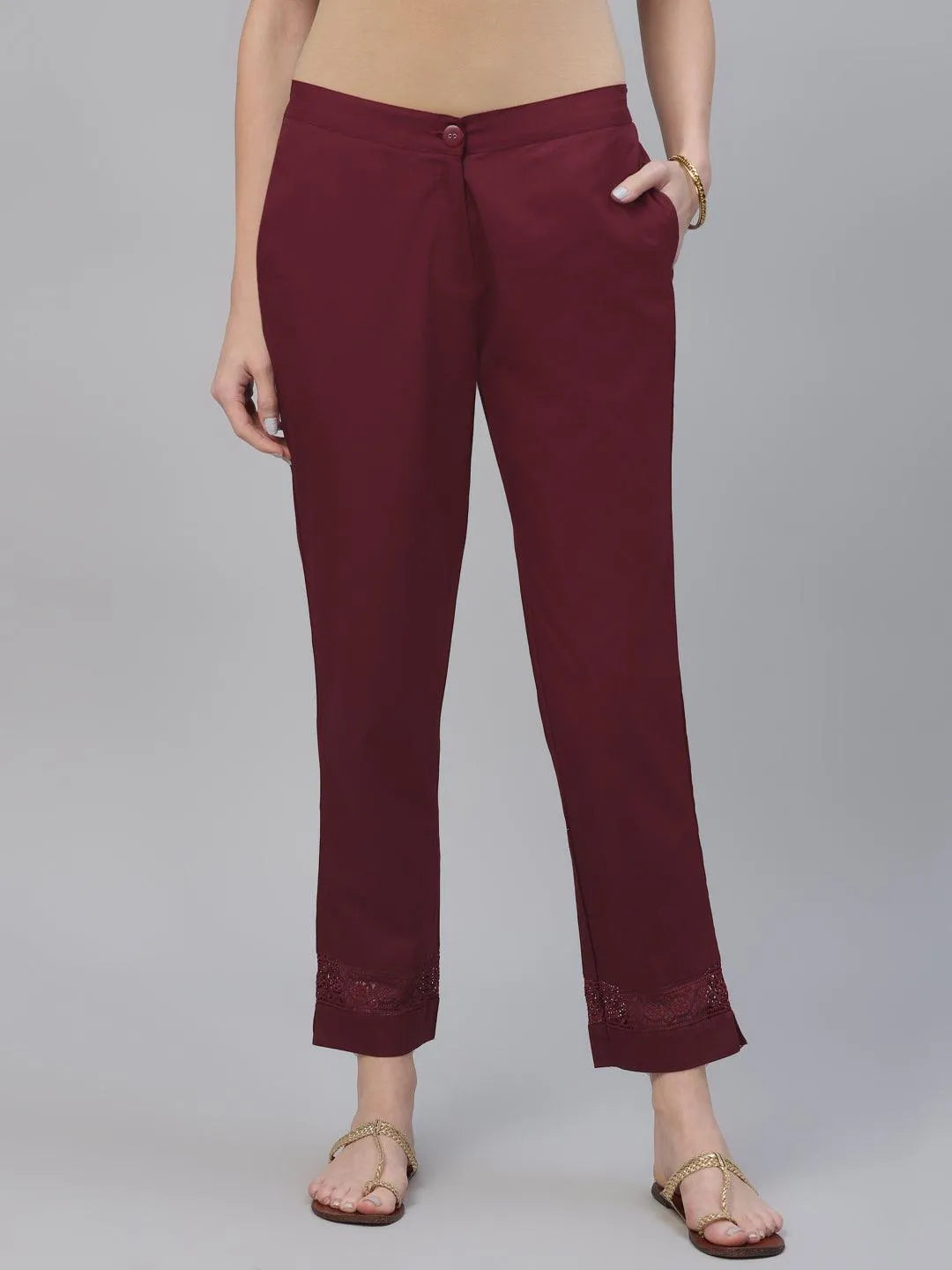 Maroon Solid Cotton Trousers - Jashvi