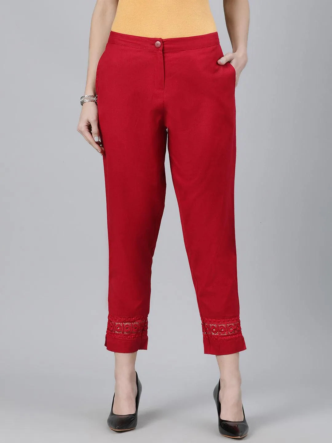 Maroon Solid Cotton Trousers - Jashvi