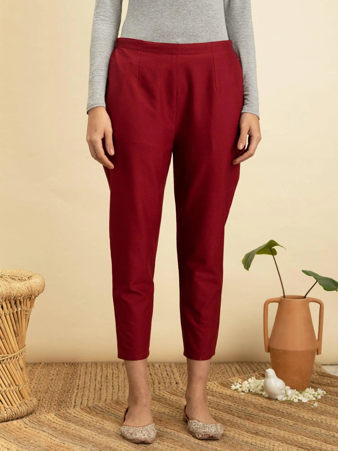 Maroon Solid Cotton Trousers - Jashvi