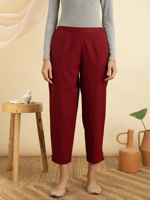 Maroon Solid Cotton Trousers - Jashvi