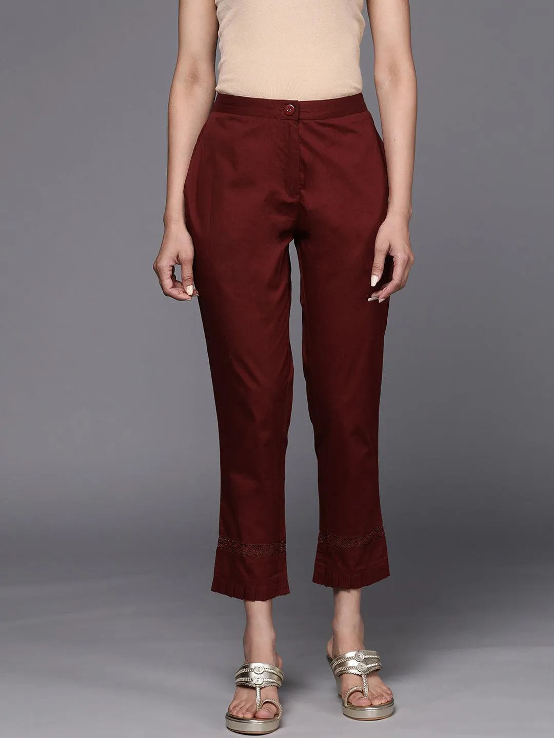 Maroon Solid Cotton Trousers - Jashvi