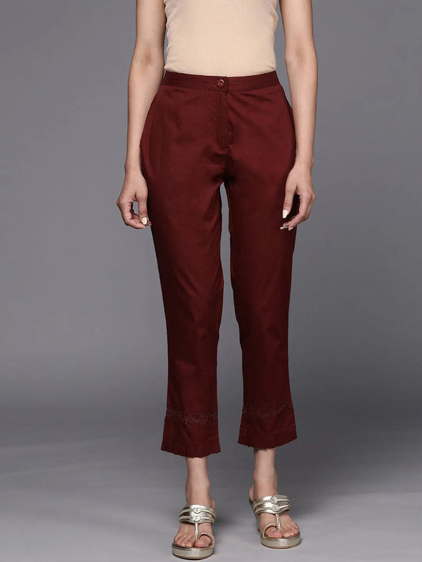 Maroon Solid Cotton Trousers - Jashvi