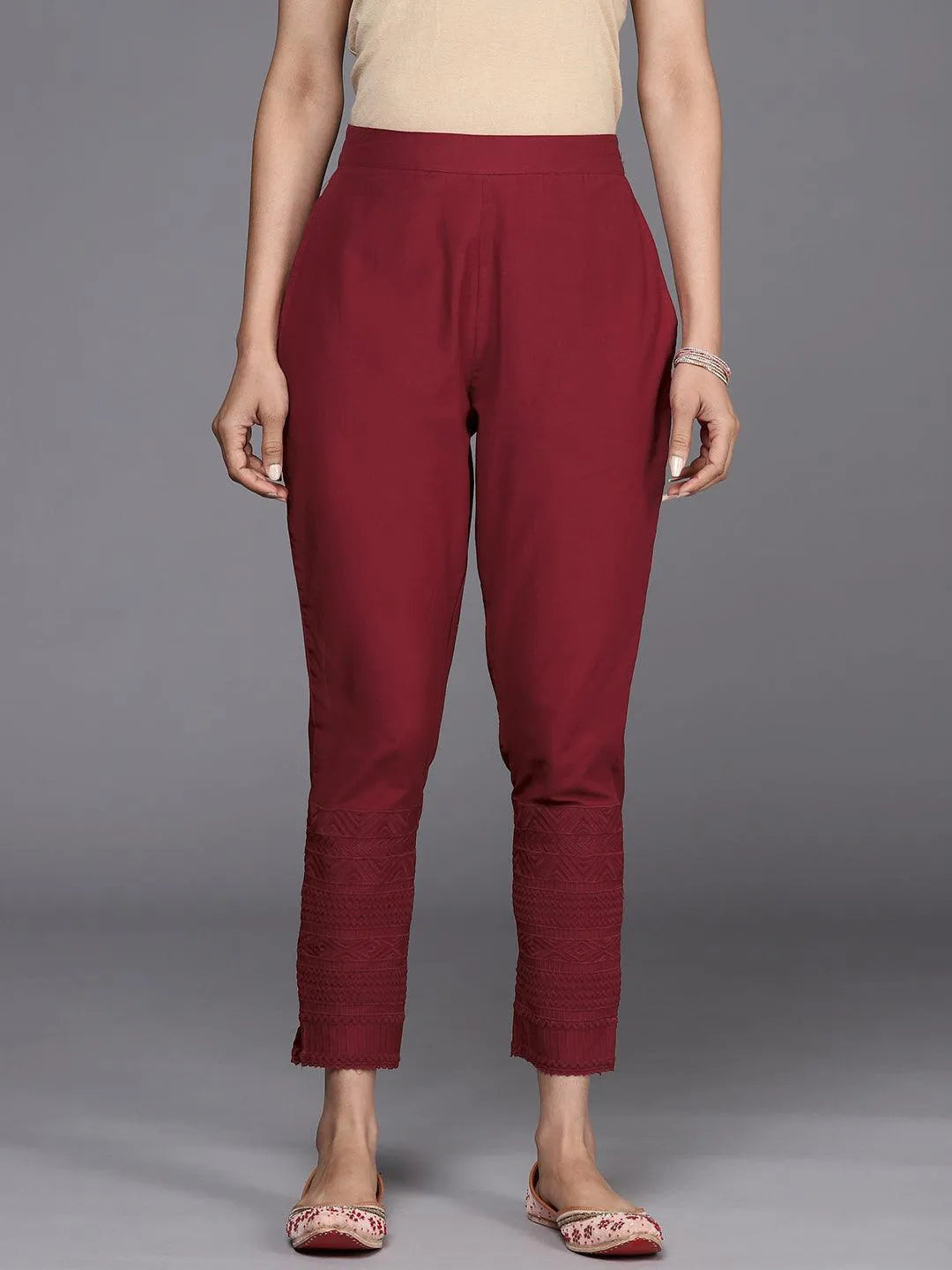 Maroon Solid Cotton Trousers - Jashvi