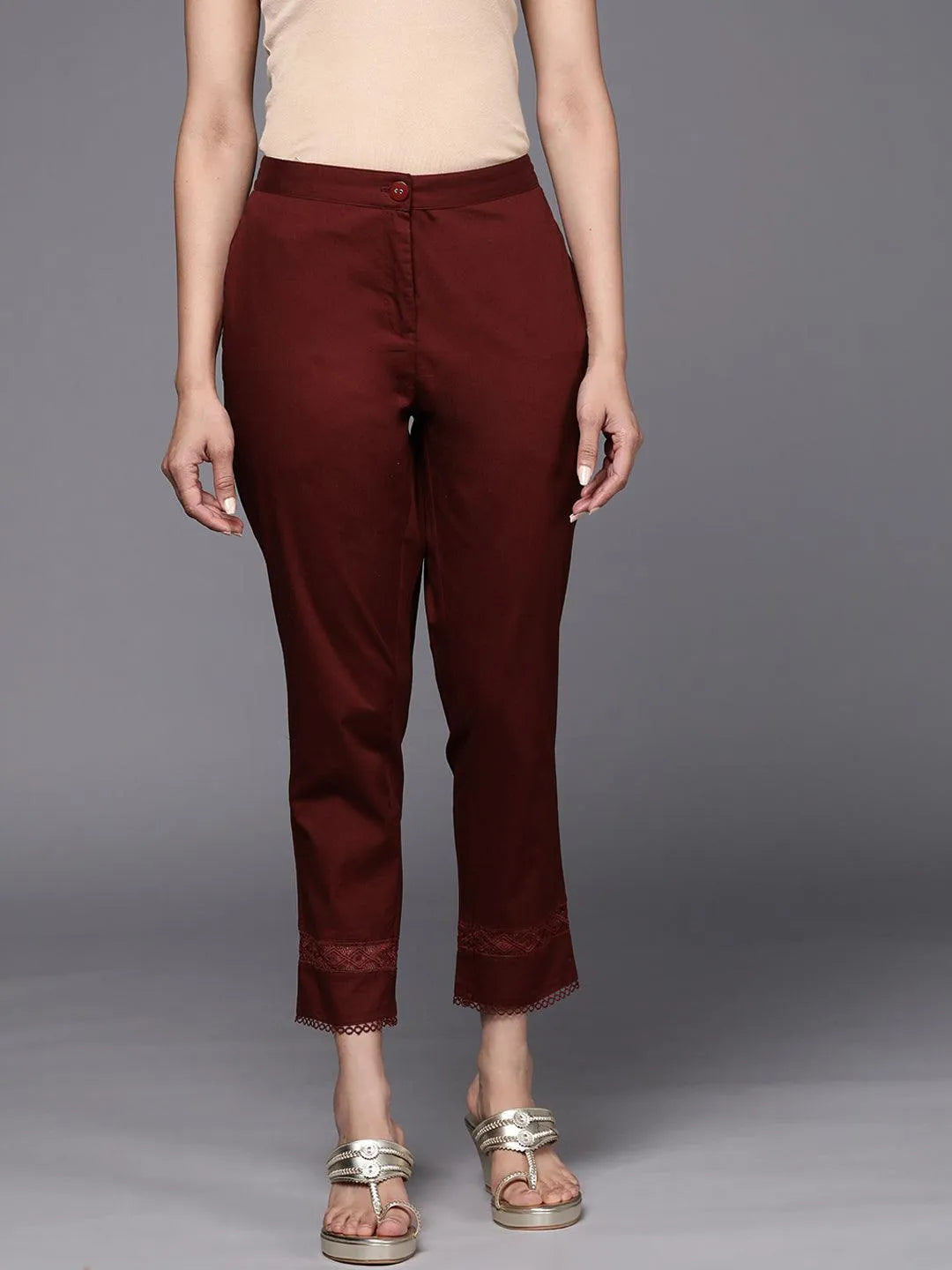 Maroon Solid Cotton Trousers - Jashvi