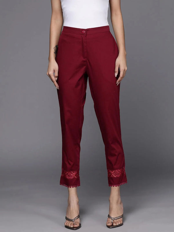 Maroon Solid Cotton Trousers - Jashvi