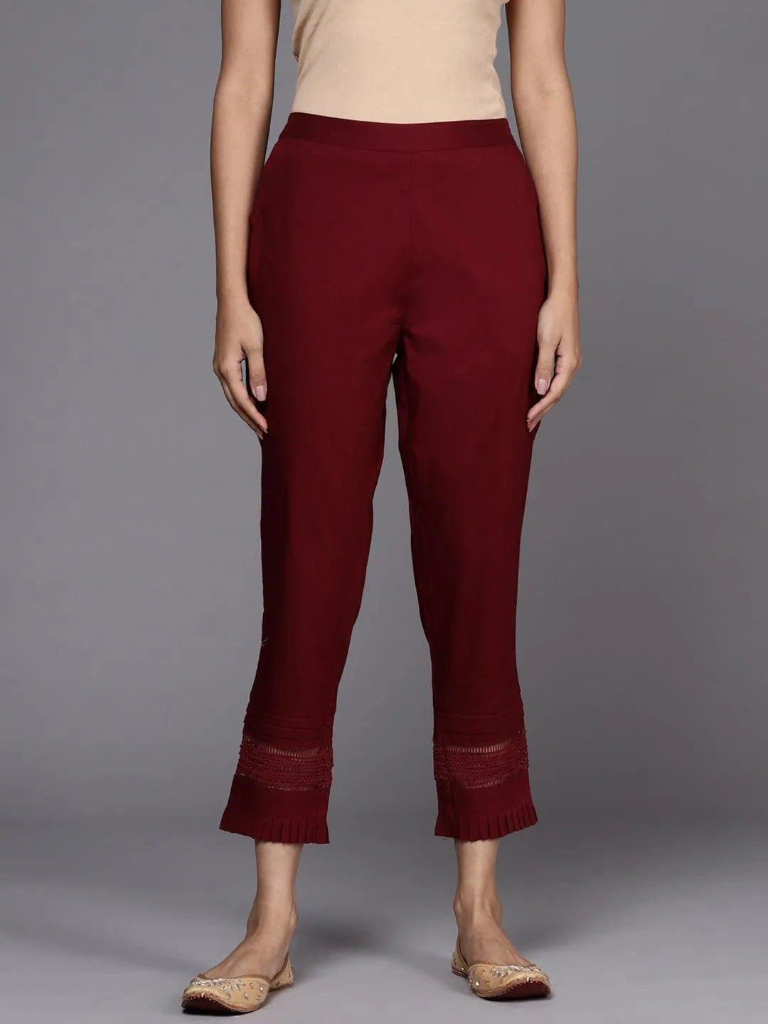 Maroon Solid Cotton Trousers - Jashvi