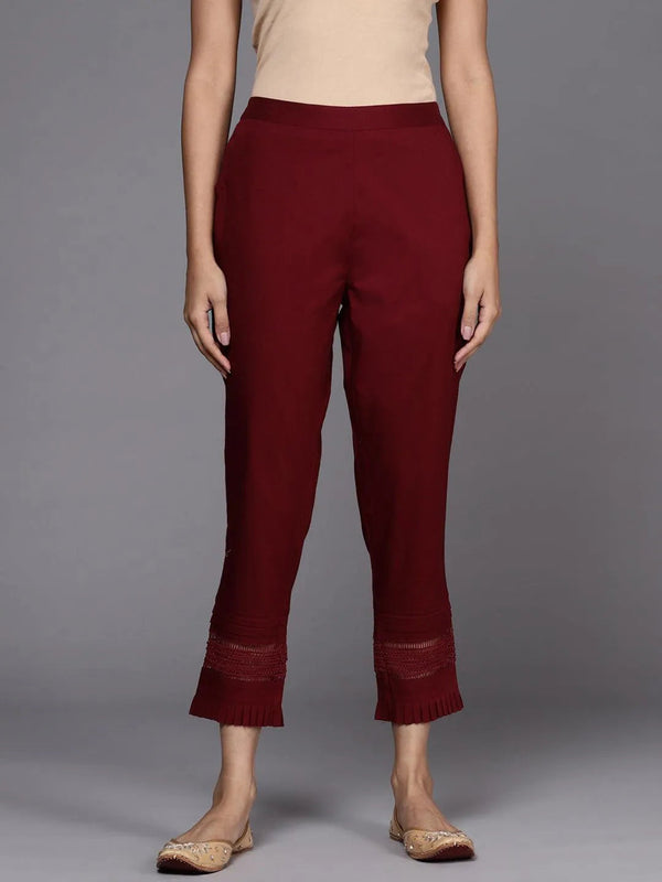 Maroon Solid Cotton Trousers - Jashvi