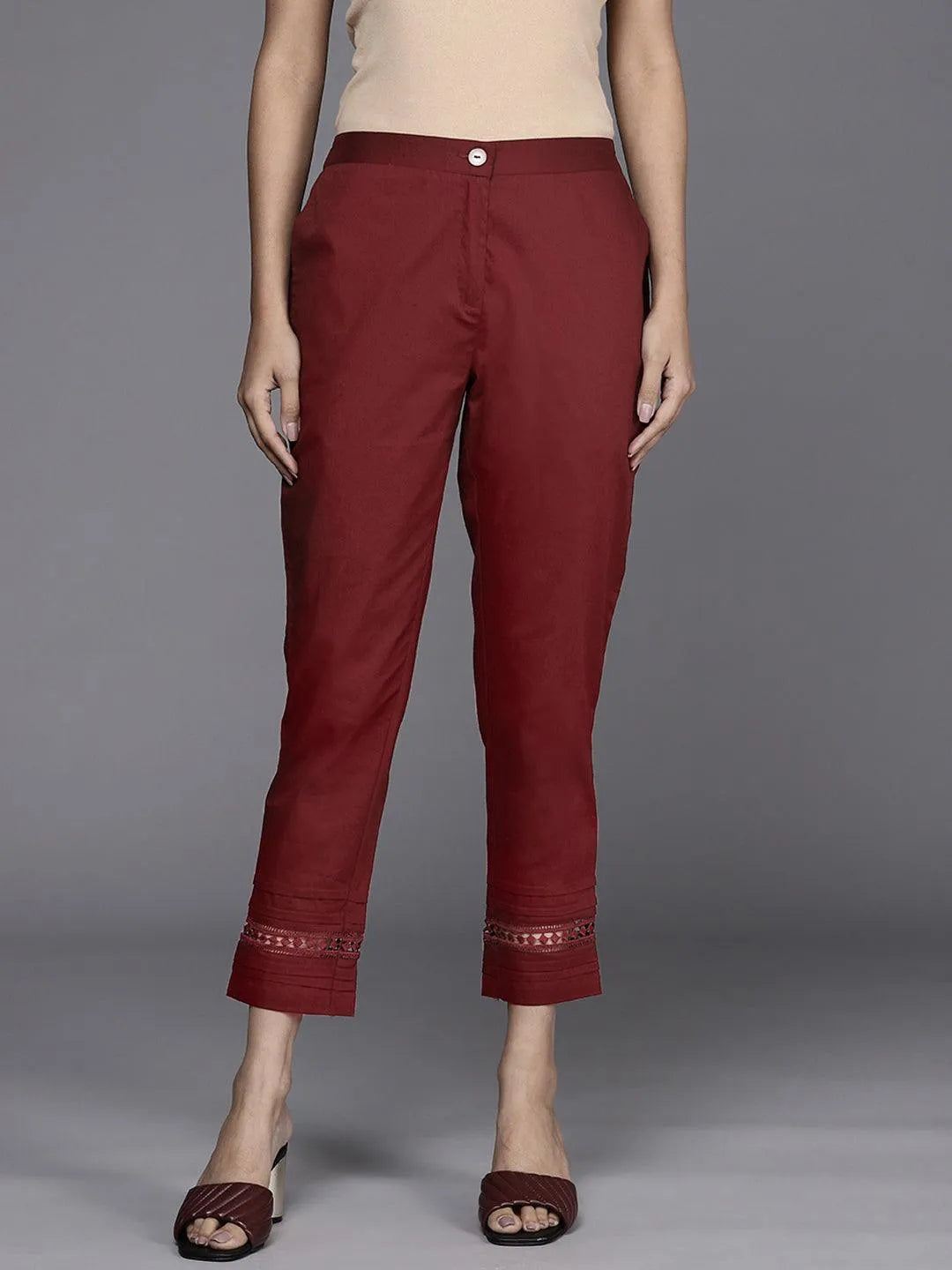 Maroon Solid Cotton Trousers - Jashvi