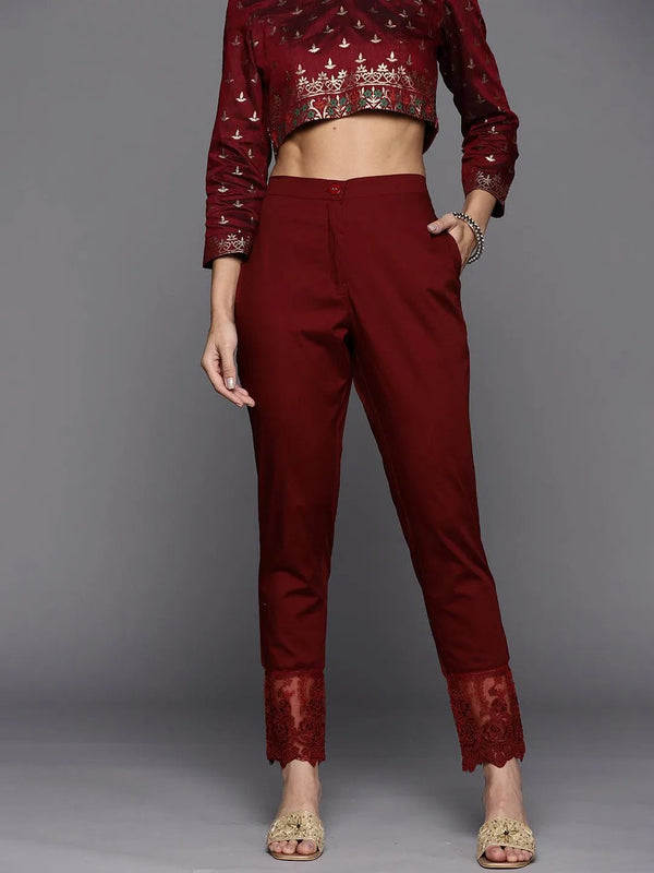 Maroon Solid Cotton Trousers - Jashvi