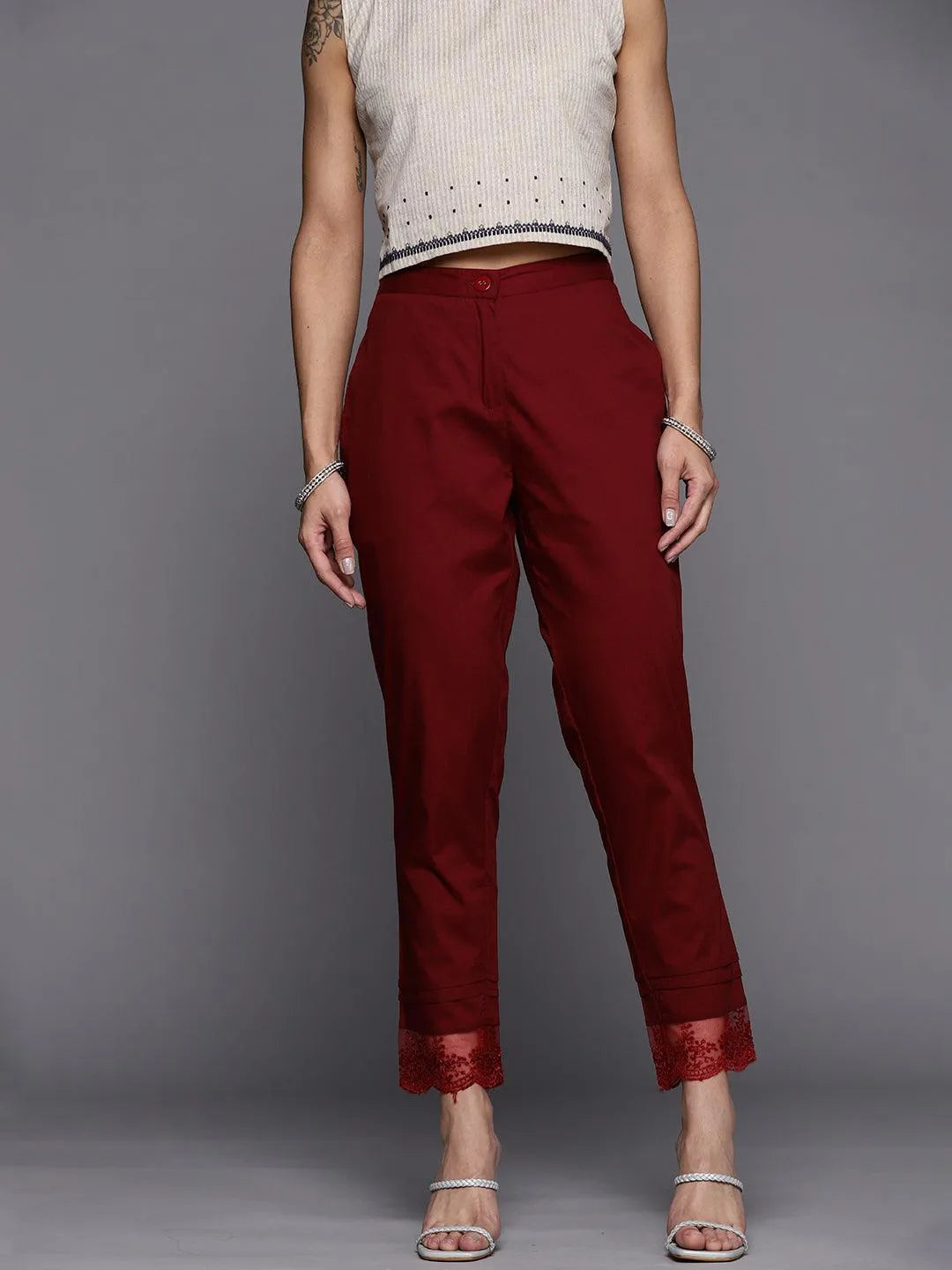 Maroon Solid Cotton Trousers - Jashvi