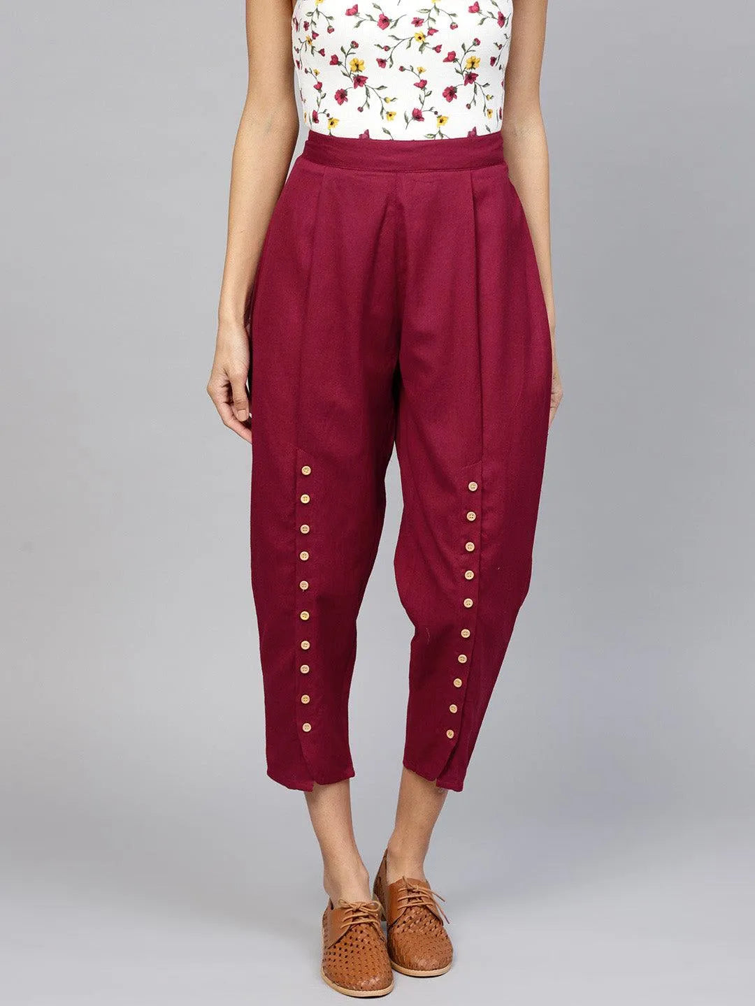 Maroon Solid Cotton Trousers - Jashvi