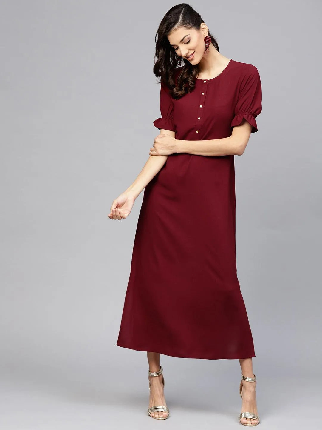 Maroon Solid Georgette Dress - Jashvi