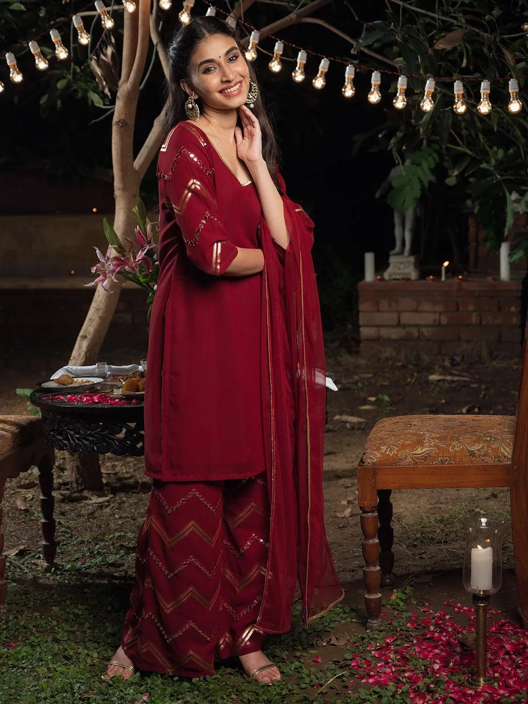 Maroon Solid Poly Georgette Suit Set - Jashvi