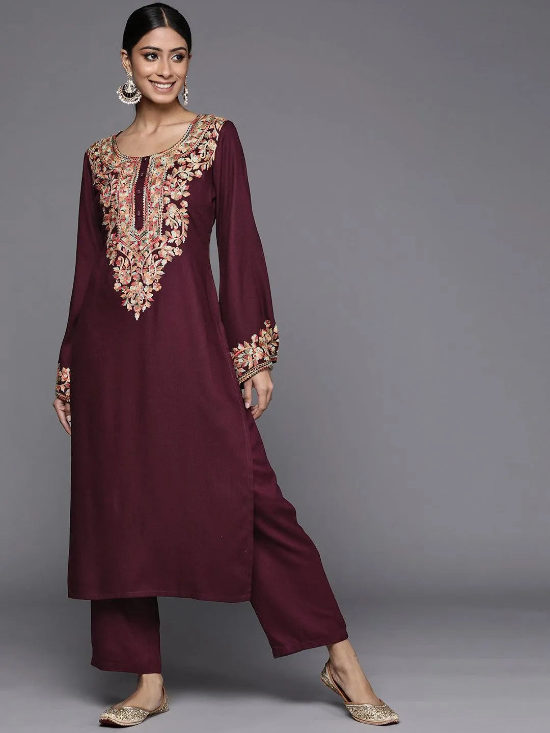 Maroon Solid Pashmina Wool Kurta Set - Jashvi