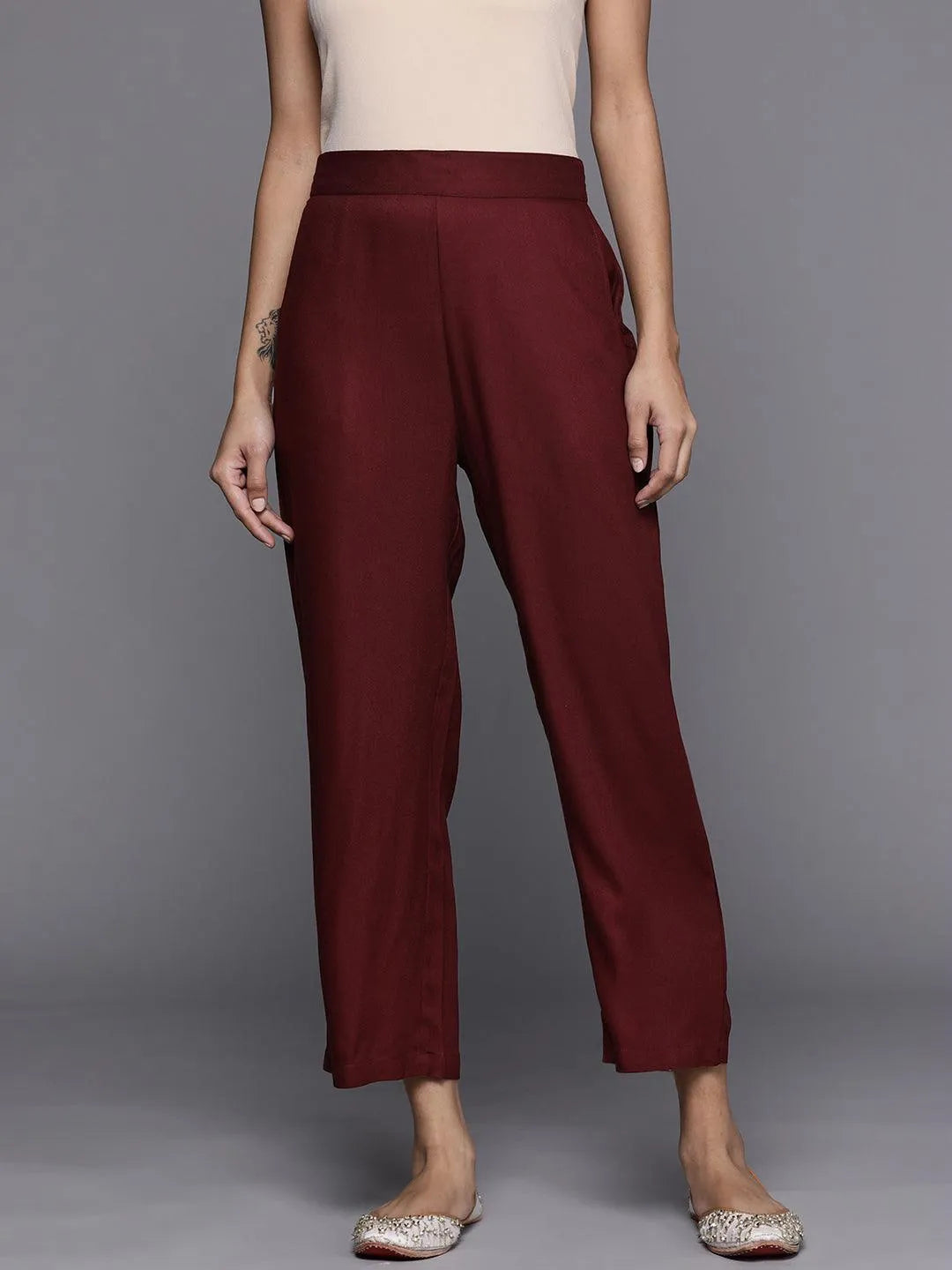 Maroon Solid Pashmina Wool Trousers - Jashvi