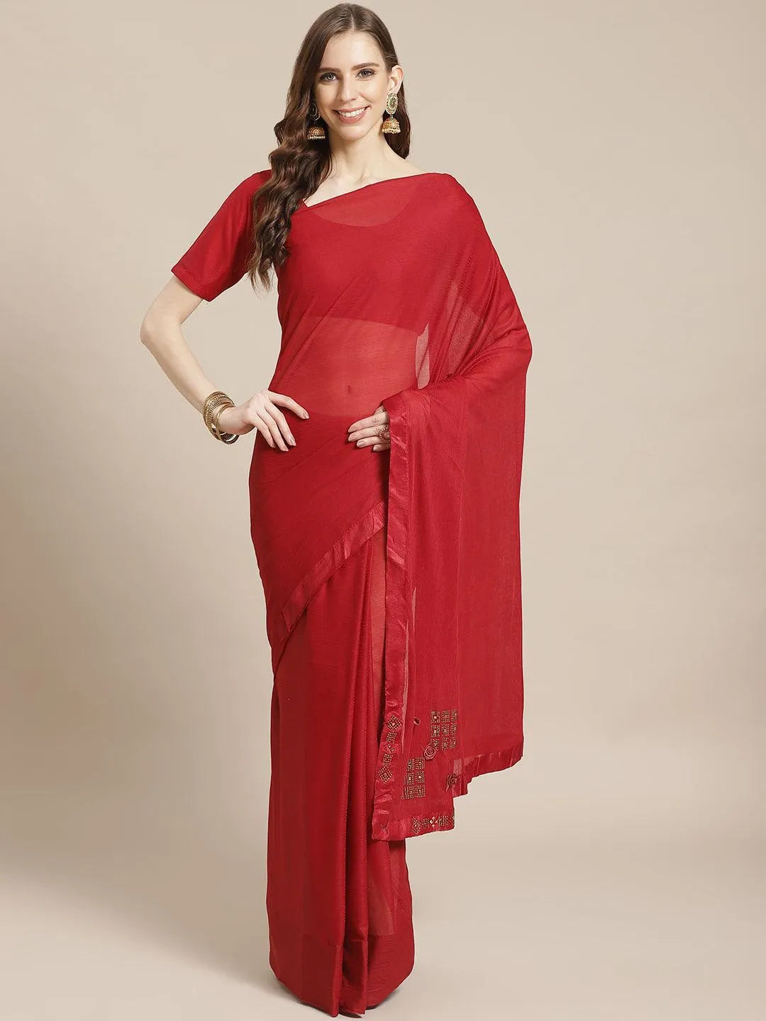 Maroon Solid Polyester Saree - Jashvi